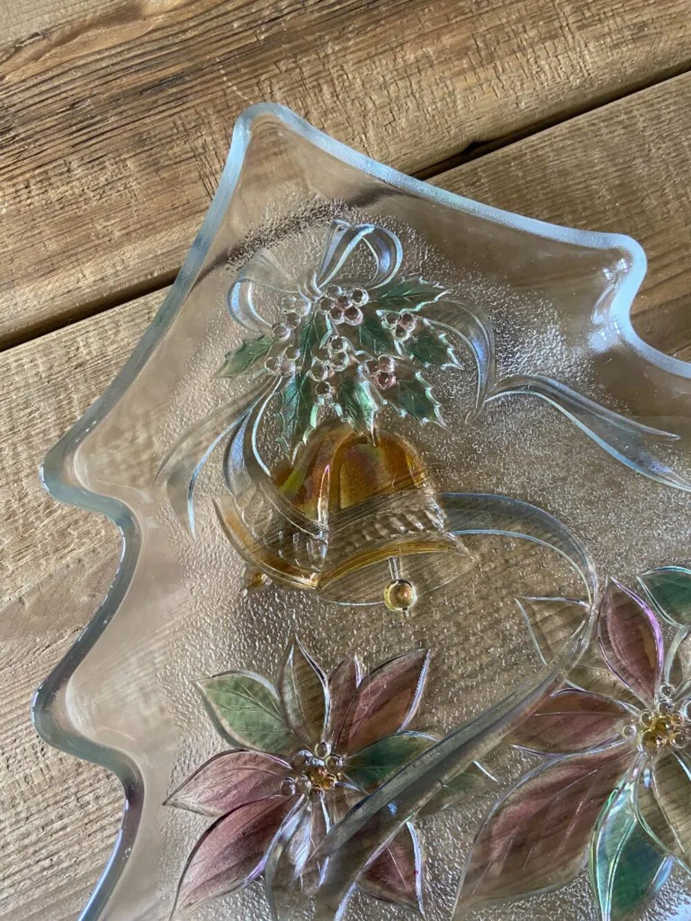 Christmas tree serving platter, holiday glass tray, hand painted centerpiece,